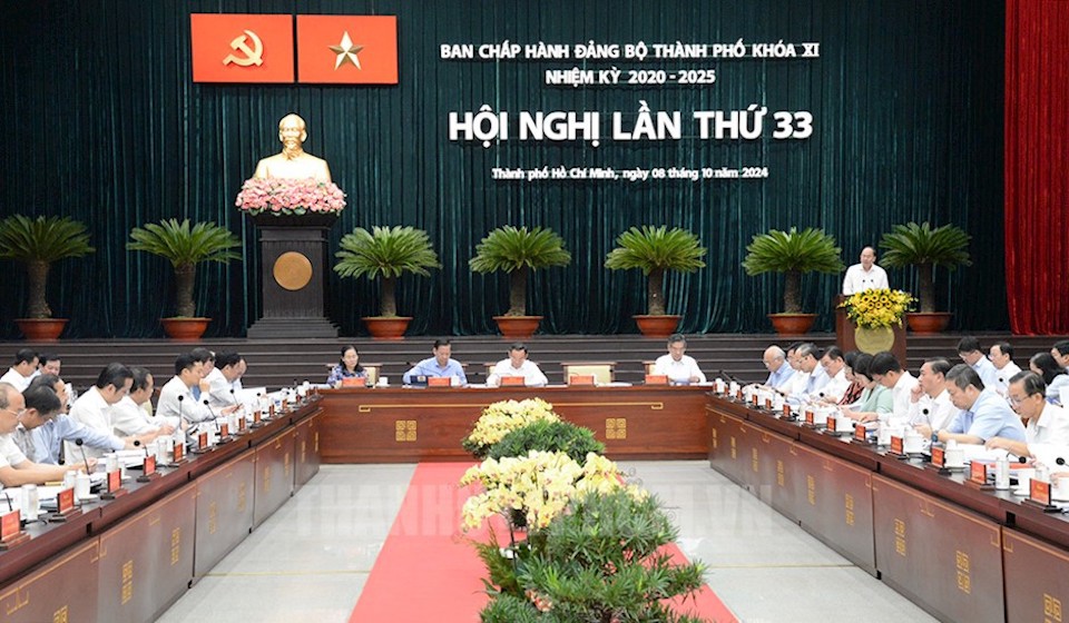 Quang cảnh Hội nghị lần thứ 33 Ban Chấp h&agrave;nh Đảng bộ TP Hồ Ch&iacute; Minh kh&oacute;a XI, nhiệm kỳ 2020 - 2025 - Ảnh: Thanhuytphcm.vn