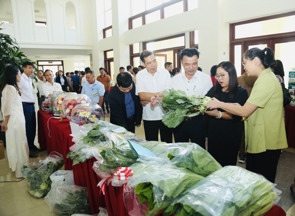 Nhiều sản phẩm n&ocirc;ng nghiệp ti&ecirc;u biểu, đạt ti&ecirc;u chuẩn OCOP của M&ecirc; Linh được trưng b&agrave;y trong khu&ocirc;n khổ diễn đ&agrave;n. Ảnh: Phạm H&ugrave;ng