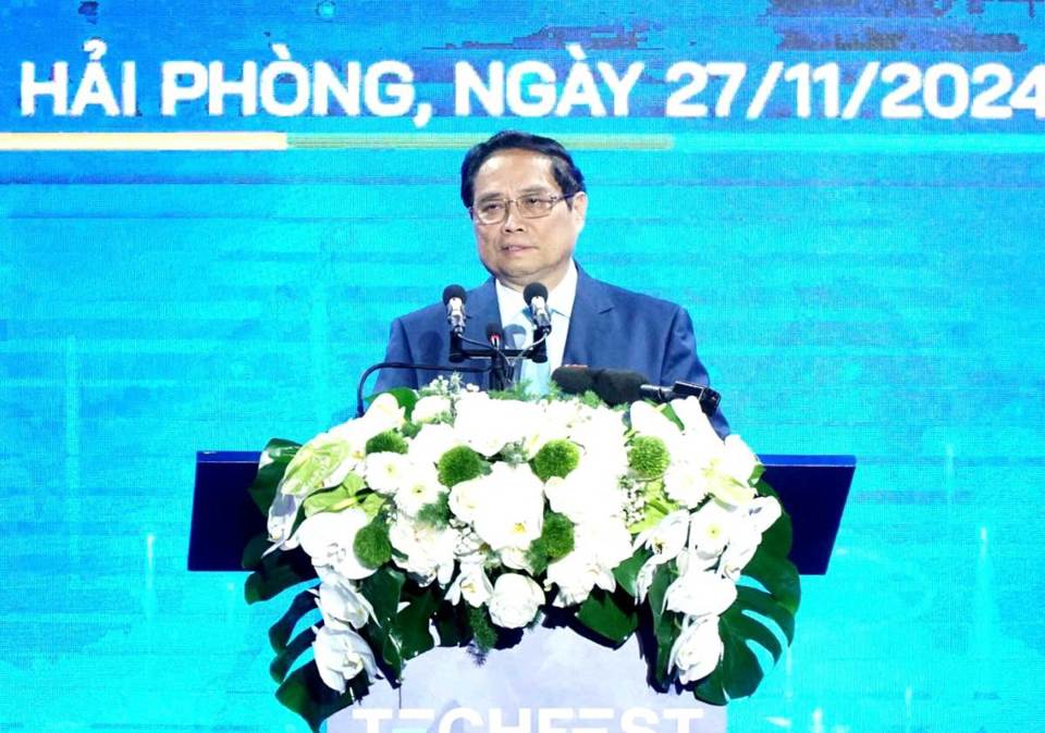 Thủ tướng Phạm Minh Ch&iacute;nh ph&aacute;t biểu tại lễ khai mạc TECHFEST Việt Nam 2024. (ảnh: Mai Dung).