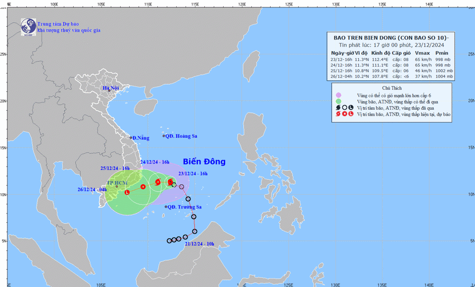 Hướng di chuyển của b&atilde;o số 10 trong ng&agrave;y 23/12/2024.