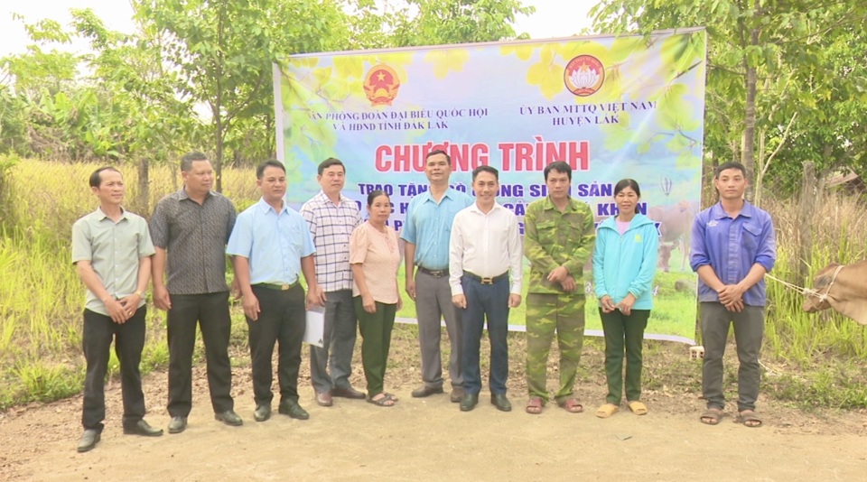 Văn ph&ograve;ng Đo&agrave;n ĐBQH tỉnh phối hợp với MTTQ VN huyện Lắk đ&atilde; hỗ trợ giống b&ograve; sinh sản cho một số hộ kh&oacute; khăn tại x&atilde;&nbsp;Kr&ocirc;ng N&ocirc;.